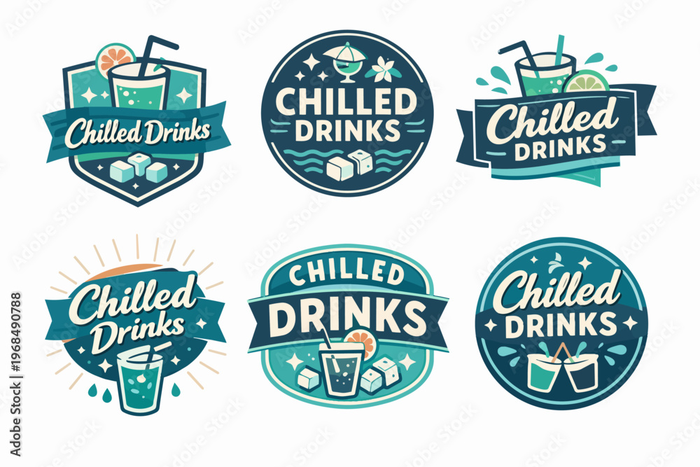 Fototapeta premium Chilled drinks creative labels set featuring refreshing beverages, ice, citrus, straws, and holiday elements design