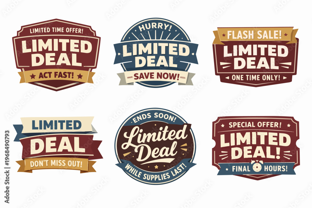 Obraz premium Limited deal promo offer badges set, promoting flash sale, special offers, discounts, marketing, and retail promotions