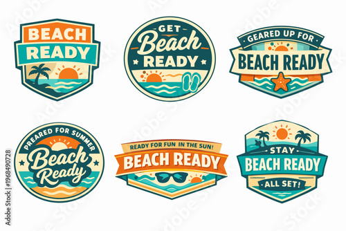 Six vector beach ready badges with sun, waves, palm trees, sunglasses, flip-flops, and starfish for summer holidays