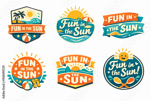 Collection of summer beach vacation emblems, badges, and logos with sun, waves, palm trees, and fun in the sun text