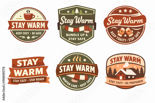 Staying warm winter theme badges collection with cozy elements, safe messages, and rustic style illustrations