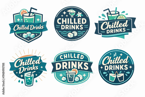 Chilled drinks creative labels set featuring refreshing beverages, ice, citrus, straws, and holiday elements design