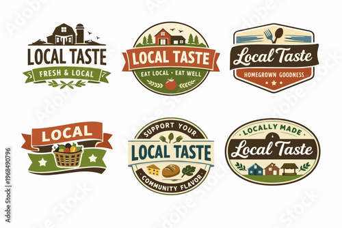 Local taste food product labels set featuring farm, village, and market elements for fresh, organic, homemade goods