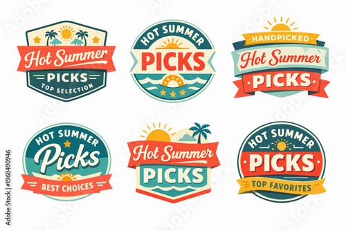 Set of decorative summer themed labels presenting hot summer picks for seasonal advertising, marketing, and holiday promotions