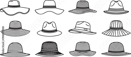 Illustration of various classic and modern fedora hat styles including patterns Vector