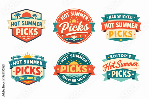Summer picks collection featuring retro badges and labels, promoting season best choices and handpicked selections