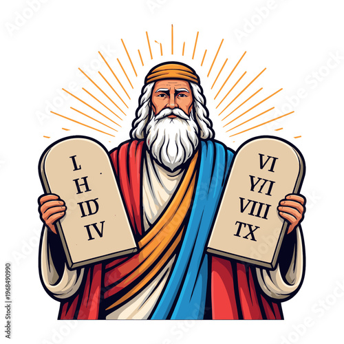 Moses, a prophet, holding the stone tablets of the Ten Commandments, radiating a divine aura and spiritual significance