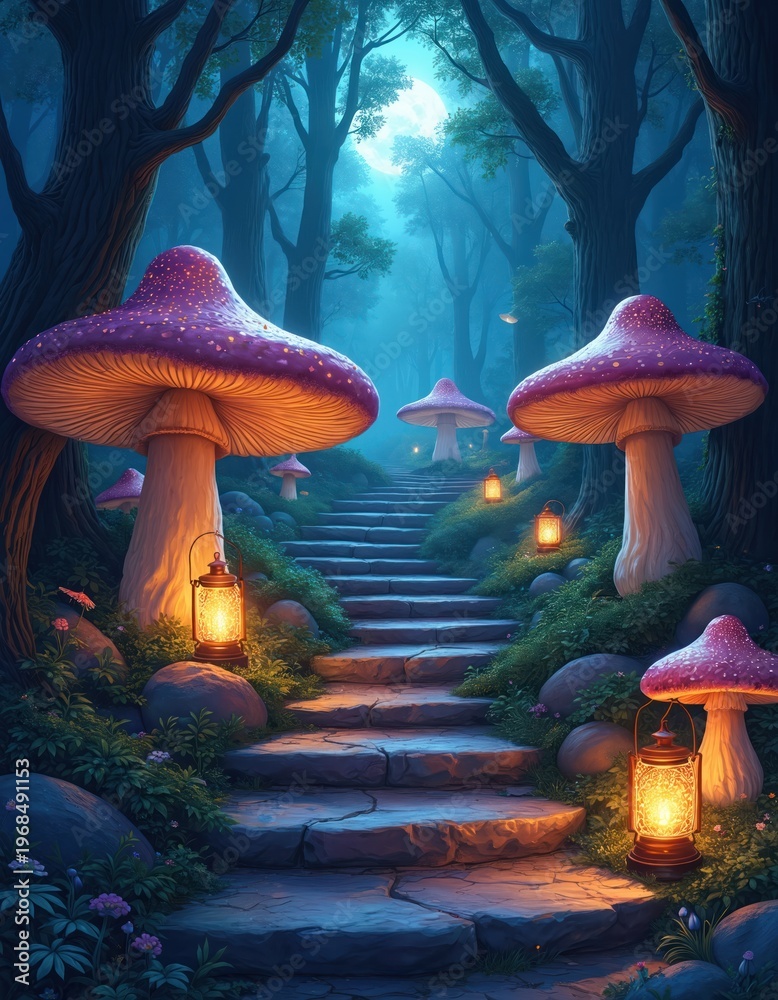 Obraz premium Stone stpic lead up through a magical forest of giant glowing mushrooms under a full moon. Lanterns illuminate the path in this enchanted woodland scene at night.