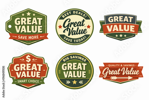 Great value labels collection with best deal, save more, big savings, and quality retail sale tags in vintage style