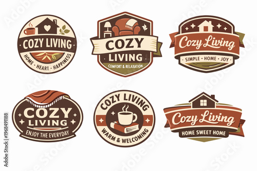 Cozy living badges and emblems set representing comfort, home, relaxation, hygge lifestyle, warm and welcoming feelings