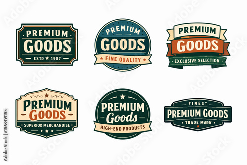 Premium goods vintage labels set representing fine quality, superior merchandise, and exclusive selection classic marks
