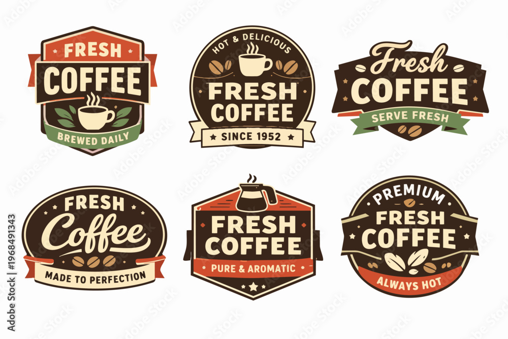 Obraz premium Six fresh coffee labels collection with retro design elements, badges for cafe, espresso, and brewed drinks
