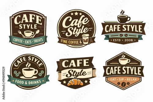 Cafe style branding logos set featuring coffee cups, beans, croissants, and ribbons for food and drink establishments