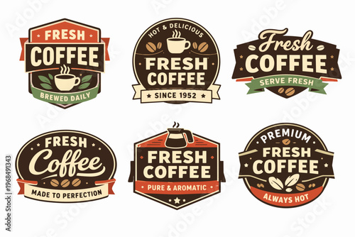 Six fresh coffee labels collection with retro design elements, badges for cafe, espresso, and brewed drinks
