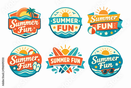 Collection of colorful retro summer fun badges featuring beach elements, creating a cheerful graphic design for holidays and travel