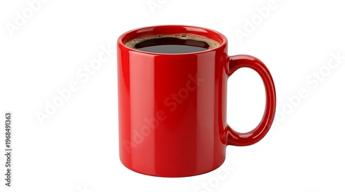 Red coffee mug filled with hot beverage on white background