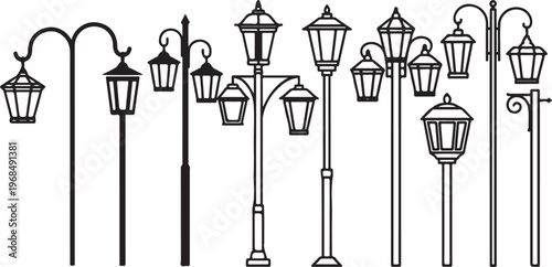 Illustrations of various historical brass and iron oil lamps with decorative designs Vector