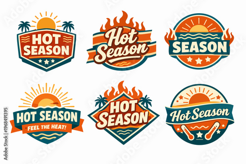 Set of vibrant hot season vector badges and labels designed in retro style, perfect for summer promotions and holidays