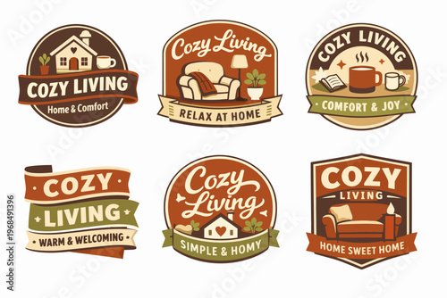 Cozy living badges collection displaying comforting home elements for relaxation and hospitality design