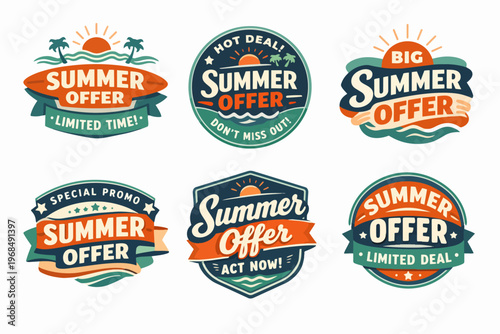 Collection of summer offer stickers promoting limited time deals, sales promotions, and holiday discounts