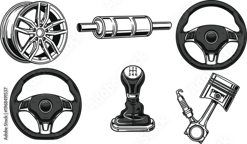 Car components: car wheel, exhaust pipe (muffler), steering wheel, gear shift knob, spark plug, and a piston with connecting rod for automotive repair service branding, garage insignias.