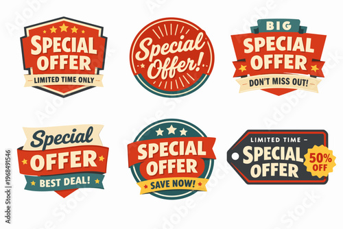 Special offer badges collection with retro designs featuring various shopping discounts and limited time promotions