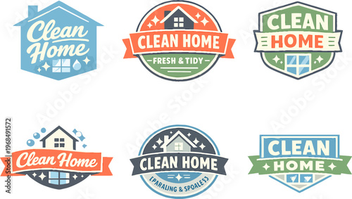Various clean home concept logos featuring houses, windows, bubbles, and sparkles, symbolizing professional cleaning services