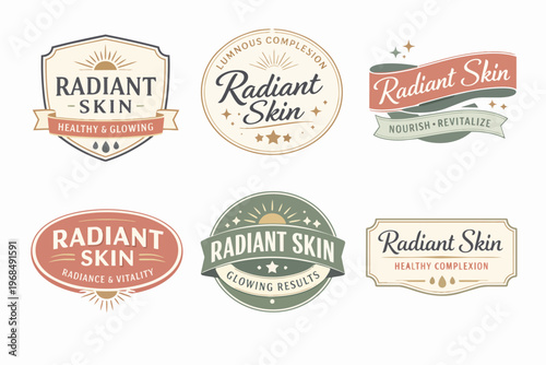 Radiant skin cosmetic label collection featuring vintage design elements for healthy beauty products and wellness branding