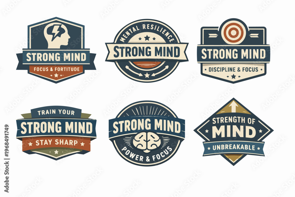 Fototapeta premium Collection of strong mind concept emblems featuring brain, lightning, and stars, representing mental training, focus, and strength