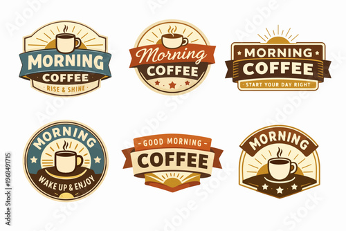 Morning coffee badges set offering vintage retro style labels with hot espresso drink cups and sunrise elements