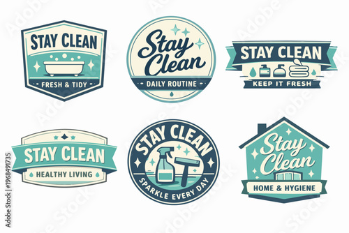 Collection of stay clean badges and labels in vintage style, promoting hygiene, daily routines, and healthy living concepts