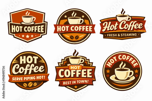 Hot coffee labels collection offering vintage cafe emblems with steaming cups, beans, and classic typography designs