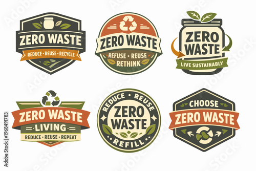 Zero waste badges and labels collection for ecological lifestyle, promoting reduce, reuse, recycle, and refusing plastic