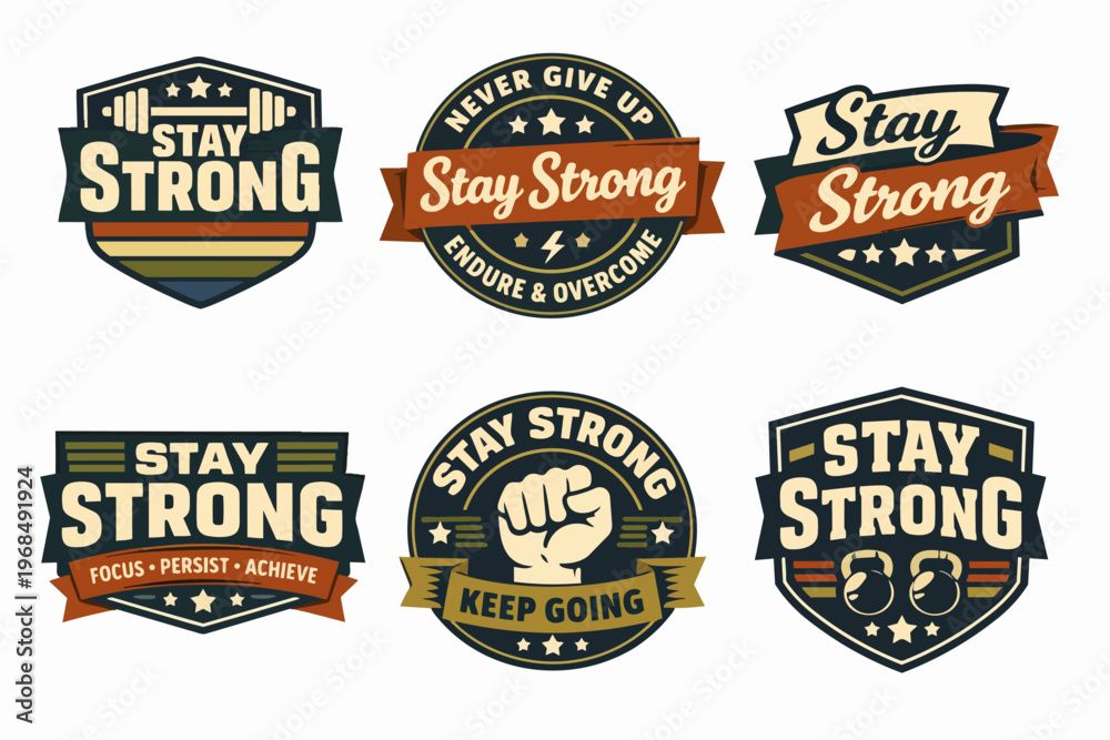 Obraz premium Stay strong motivation badges and gym labels set displaying fitness, workout, and power concepts