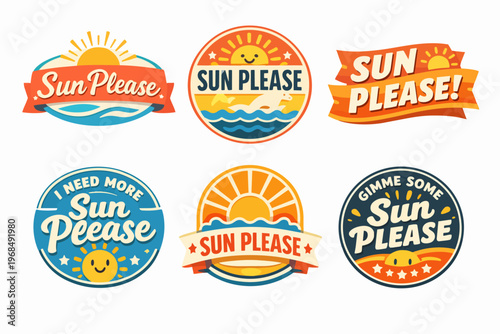 Collection of vibrant retro sun badges and labels, perfect for summer themes, holidays, travel, and craving sunshine