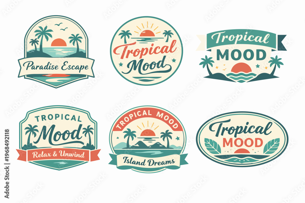 Fototapeta premium Retro tropical mood badges set illustrating various summer vacation concepts with palm trees, sunsets, ocean, and text
