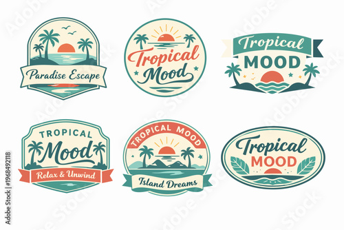 Retro tropical mood badges set illustrating various summer vacation concepts with palm trees, sunsets, ocean, and text