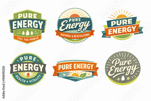 Collection of pure energy vintage labels for natural products, health, vitality, and revitalization concepts