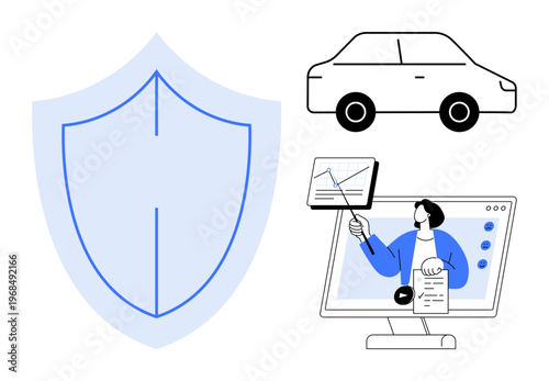 Data protection concept. Shield security, vehicle indicating mobility, and digital learning highlighting knowledge. Data protection for automotive, e-learning, cloud storage, IT security