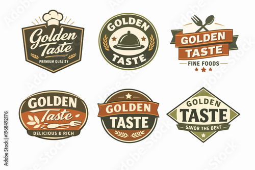 Golden taste food restaurant catering logo emblems collection with chef hat, cloche, fork, spoon, and wheat