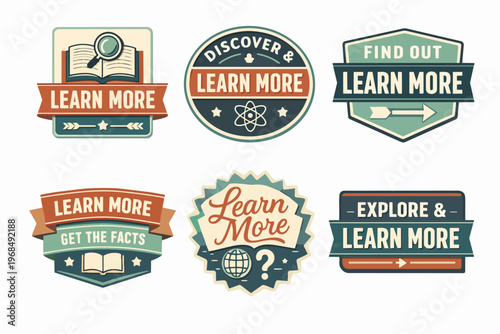 Collection of learn more badges featuring books, magnifying glass, globe, and atom symbols, promoting education and discovery
