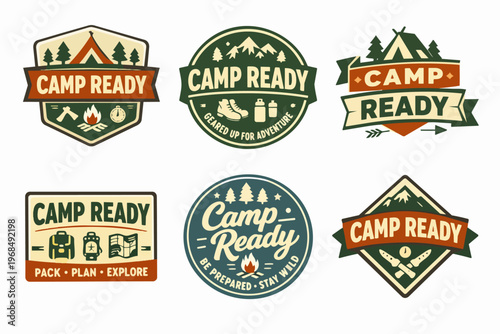 Camp ready collection featuring various outdoor adventure logos, badges, and emblems with tents, mountains, and camping gear