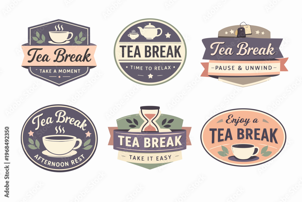 Obraz premium Tea break logo collection offering various vintage style badges and labels for relaxation and beverage concepts