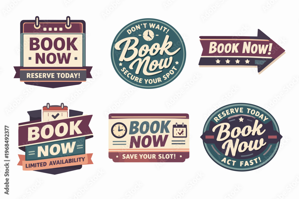 Obraz premium Book now labels and badges promoting reservation, appointment, and limited availability for online business, events, and services