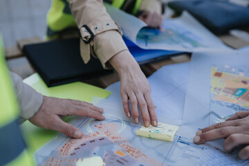 Construction engineers review blueprints and site plans with hands pointing at maps. Team members collaborate at an outdoor planning session for a building project.