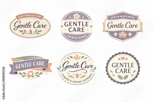 Gentle care badge set featuring organic, natural, and wellness branding designs with soothing botanical elements