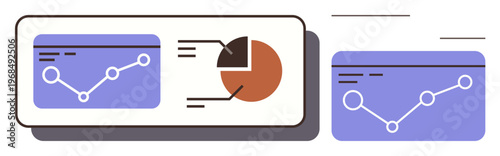 Data analytics, business growth, financial trends, performance metrics, reporting tools, statistical analysis. Line graph and pie chart on panels. Data analytics and business growth concept