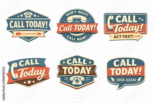 Retro call today badges collection, vintage advertisement labels for immediate contact and service support