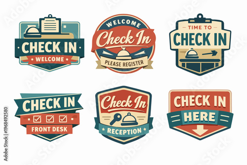 Check in welcome badges collection for hotel reception, front desk, and registration service concepts