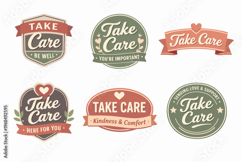 Take care concept badges and compassionate stickers collection promoting empathy, support, wellness, and self-care